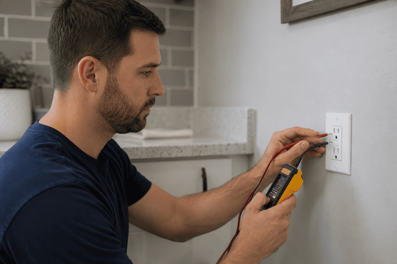 Electrician testing a GFCI outlet during a residential electrical inspection.