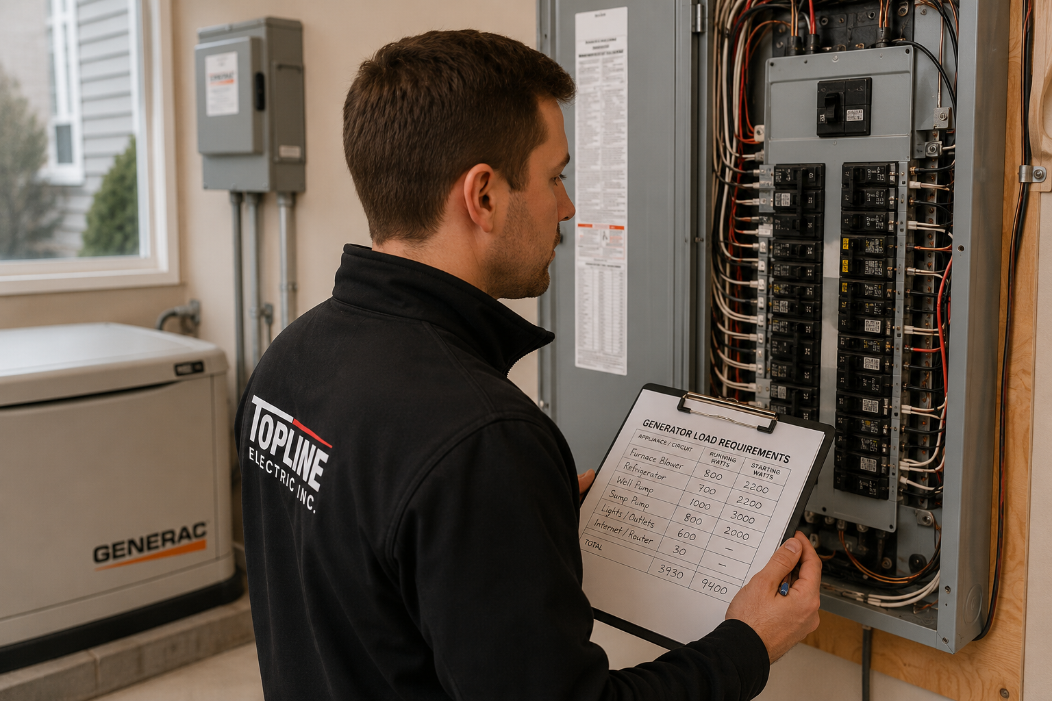 Electrician assessing a Lakeville electrical panel for generator sizing