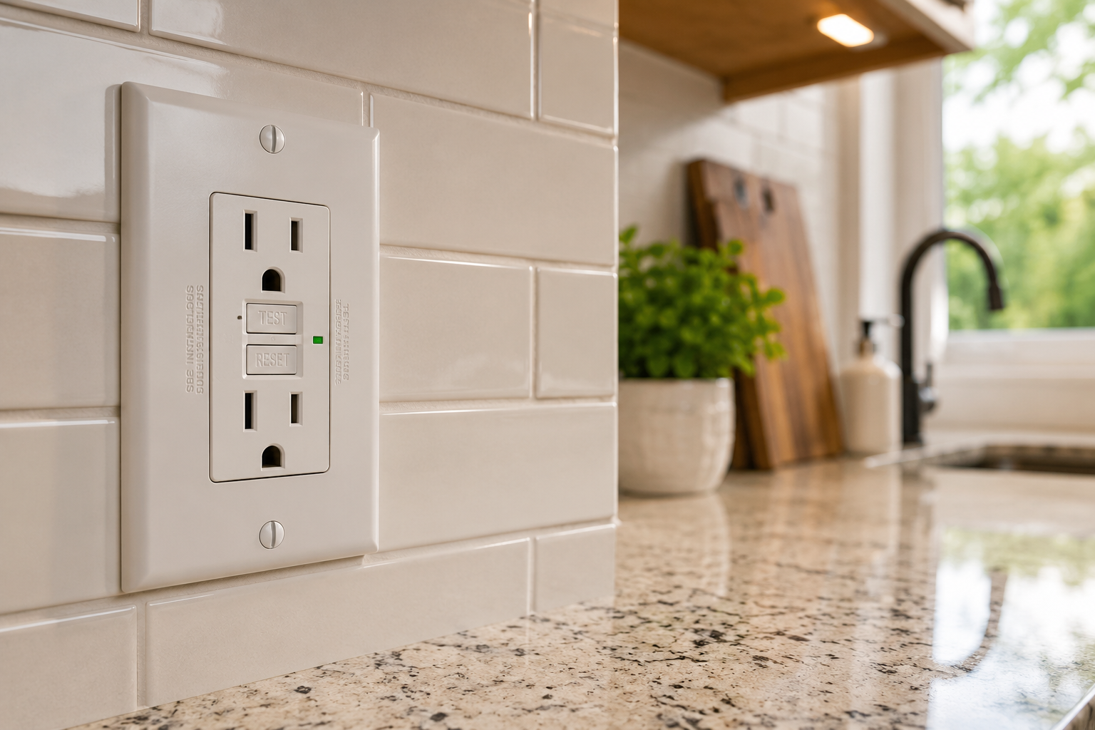 Close up of a clean GFCI receptacle near a residential kitchen counter