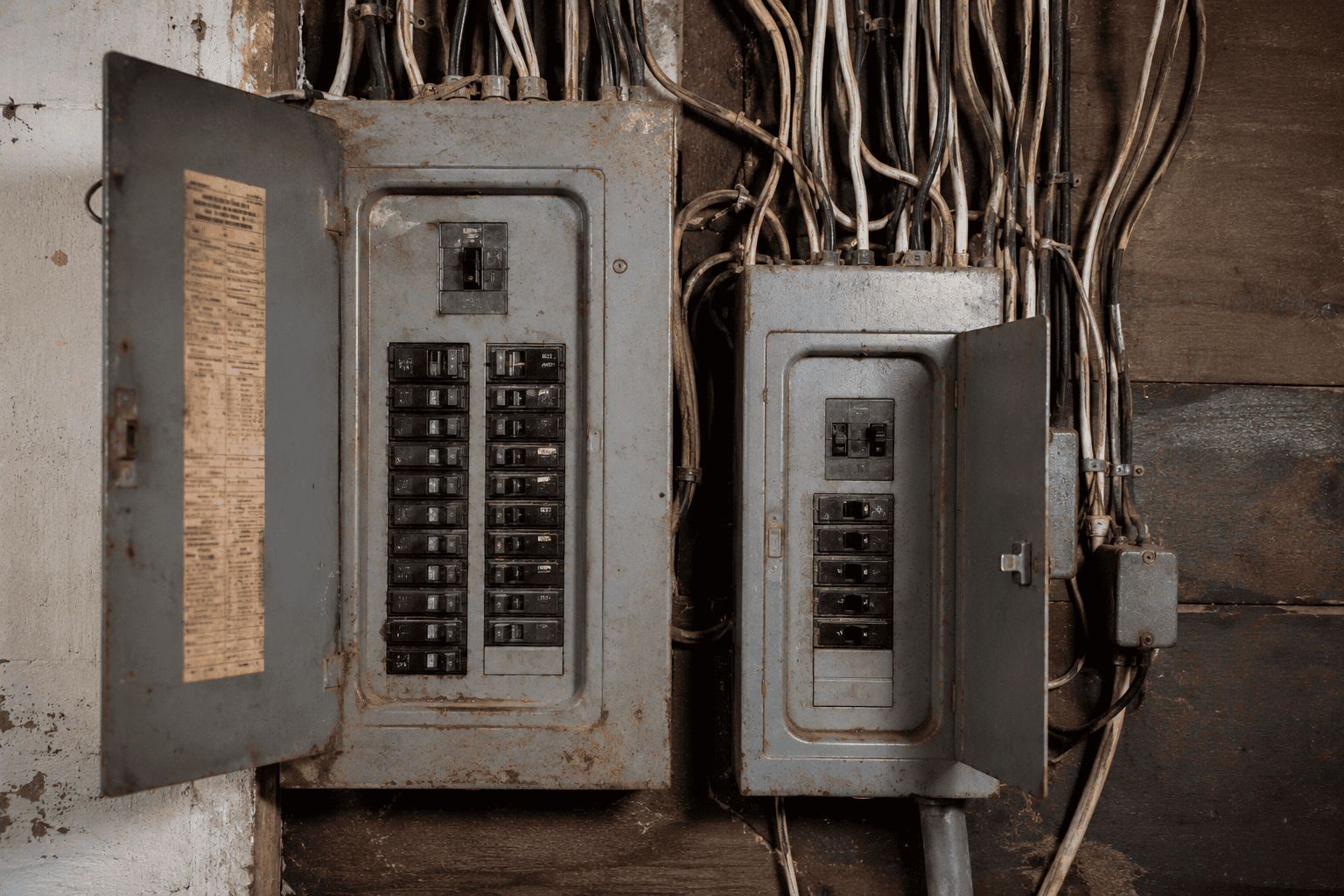 Older residential electrical panel with outdated wiring and aging circuit breakers inside a home, highlighting potential electrical safety hazards.