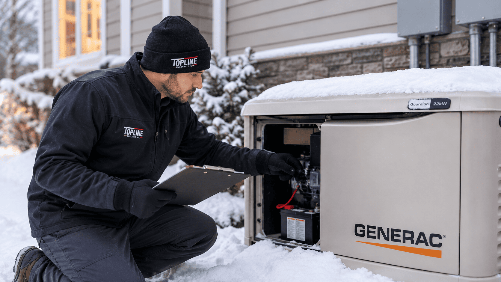 Electrician reviewing a home's electrical panel to assess generator load requirements before standby generator installation in Lakeville, MN.