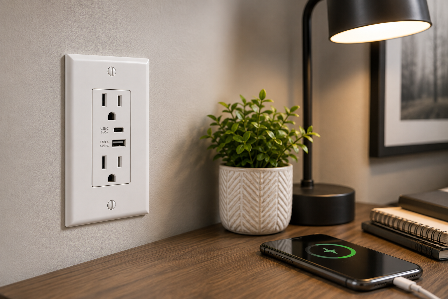Modern wall receptacle with USB C ports beside a residential desk or nightstand