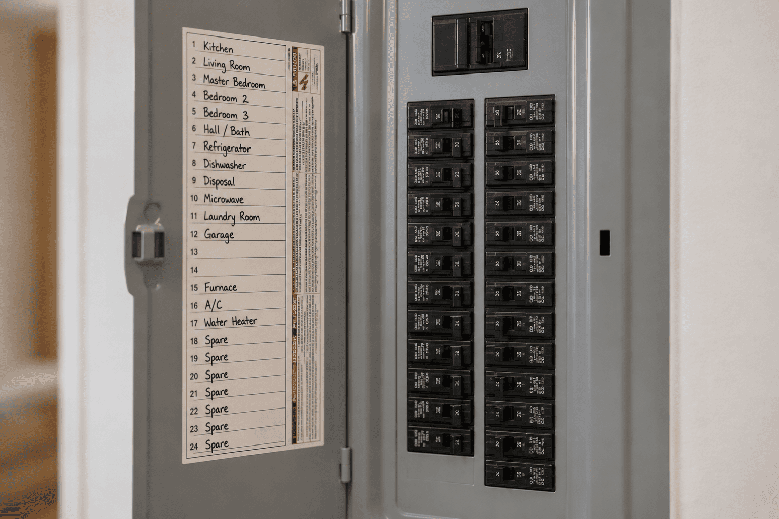Residential electrical panel with circuit breakers clearly labeled.